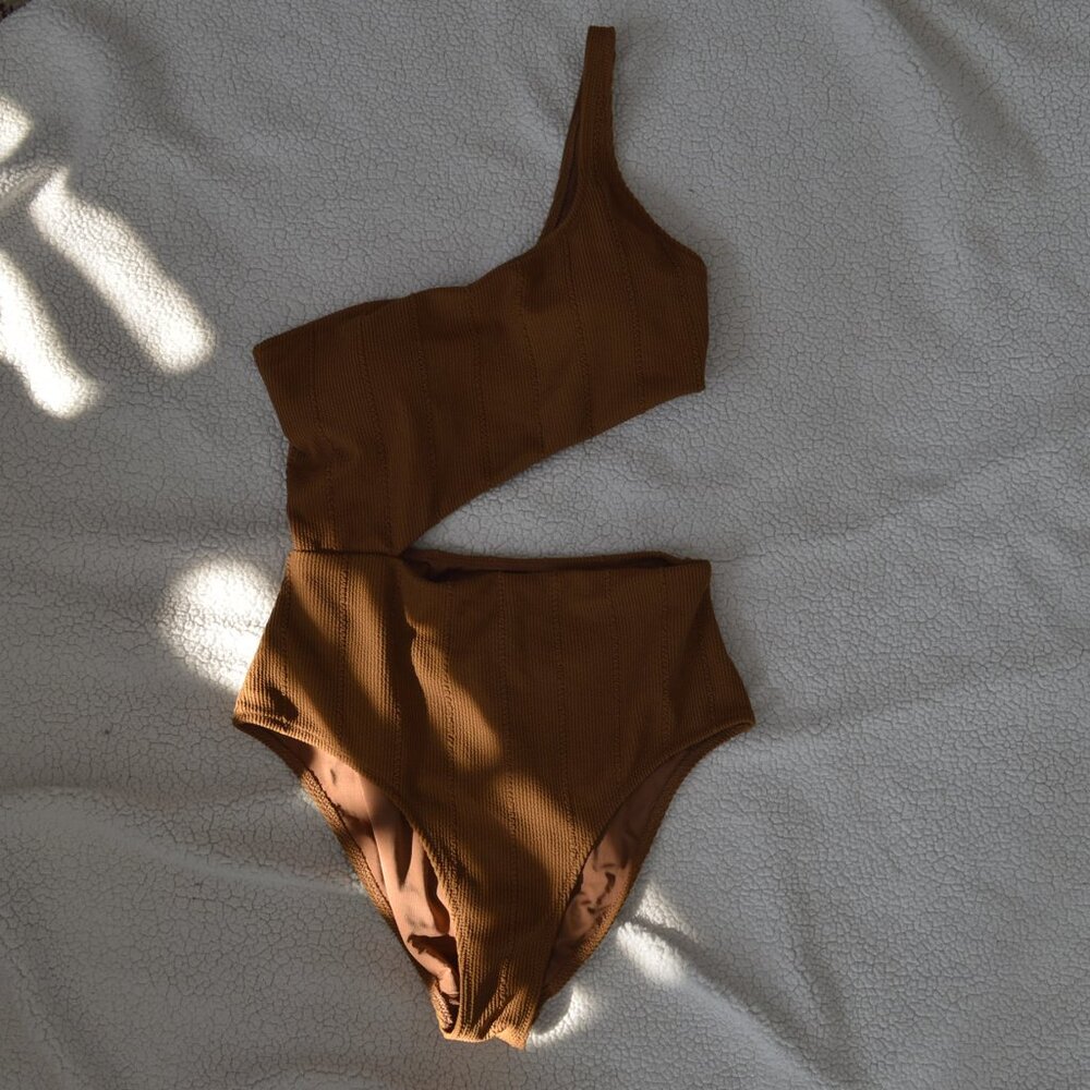 Aerie Crinkle Asymmetrical Cut Out One Piece Swimsuit - Medium Brown